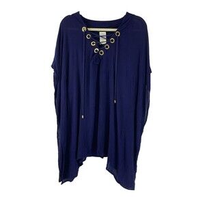 La Blanca Capri Lace Up Caftan Swim Cover Up Rayon Navy Blue Short Womens Small